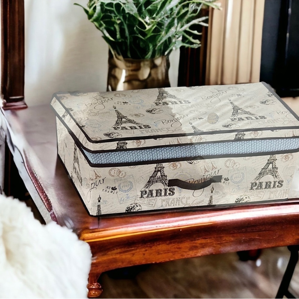 Paris Eiffel Tower French Canvas Storage Box with Flip Up Lid